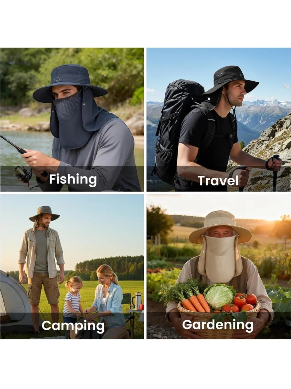 Khaki KEILOKLOK unisex Wide-Brim Sun Hat with Neck Flap – or face cover 50 SPF
